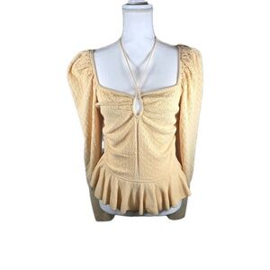 Ulla‎ Johnson Leland Puff Sleeve Pointelle Knit Top M Honey Peach Peplum 2022